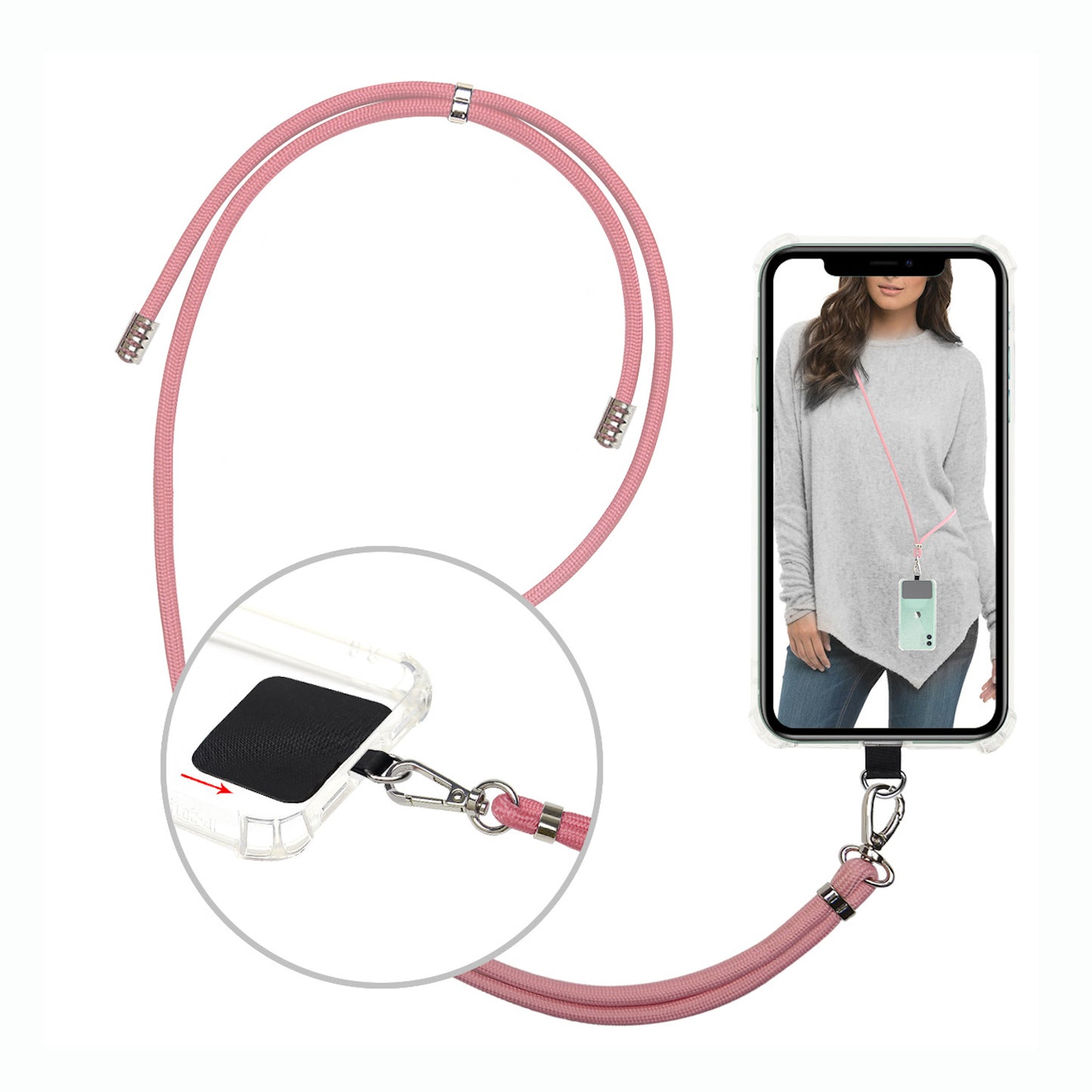 Strap para carcasa de celular universal, diseño cordón rosado.
