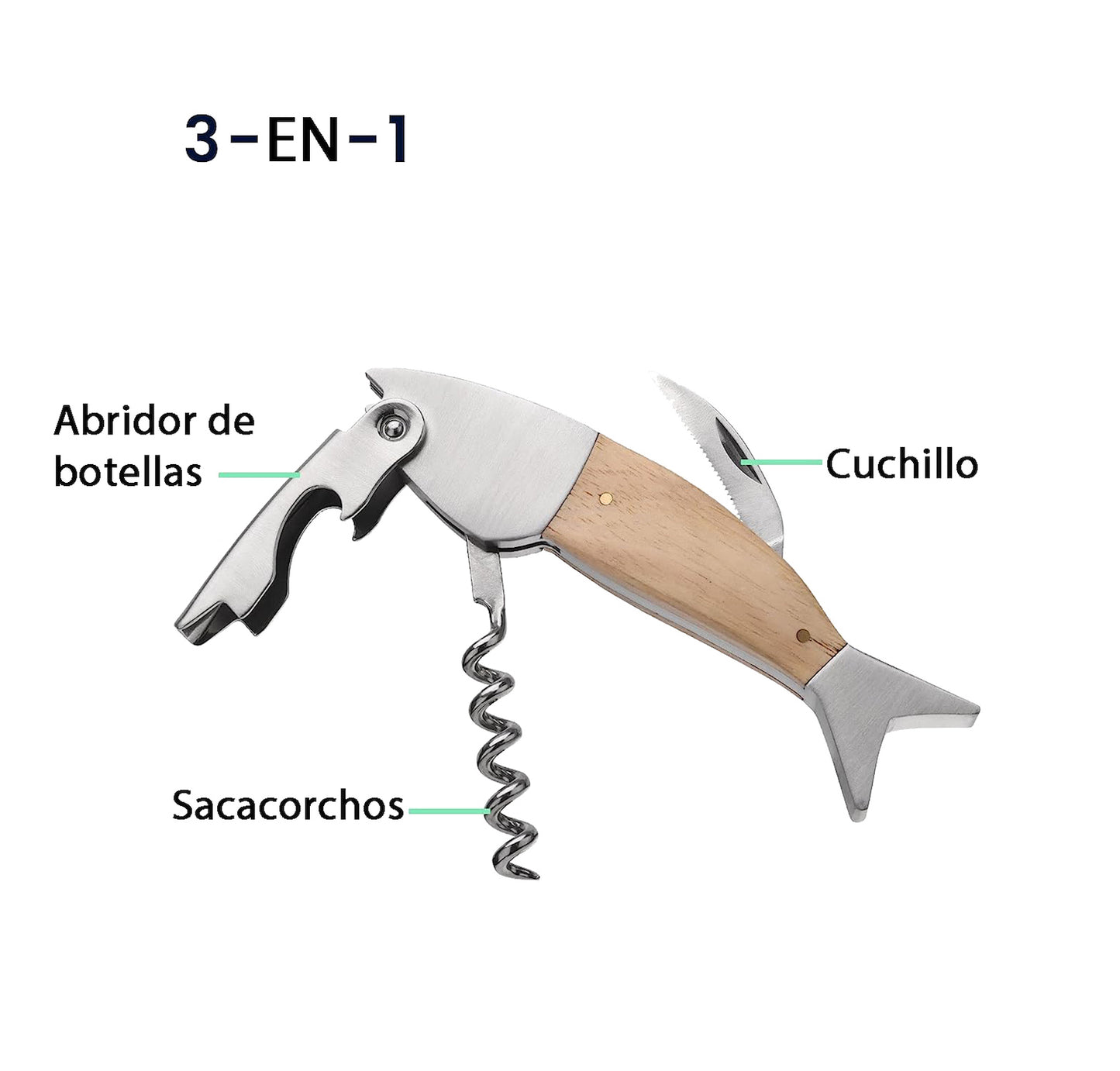 Sacacorchos, Destapador Pez, Acero-madera, Regalo Hombre Náutico Pezca