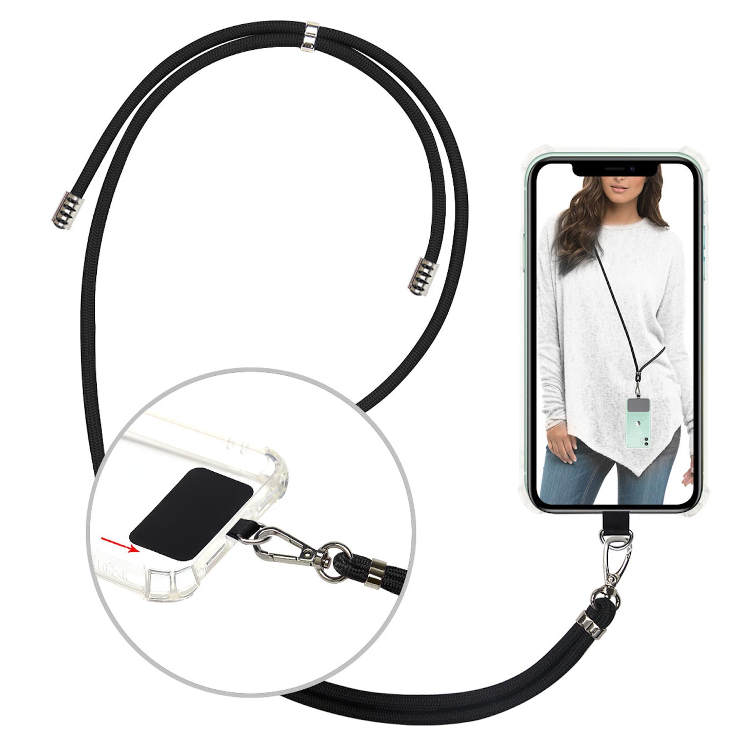 Strap para carcasa de celular universal, diseño cordón negro.