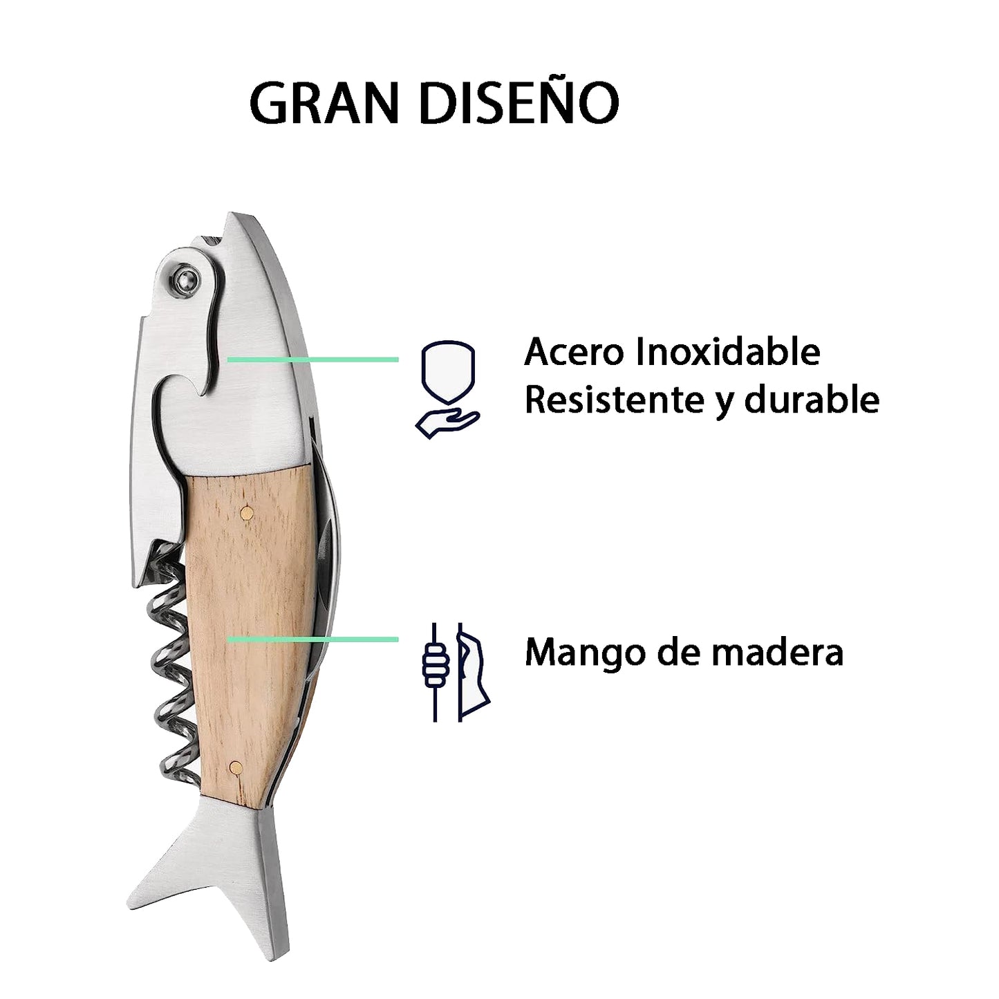 Sacacorchos, Destapador Pez, Acero-madera, Regalo Hombre Náutico Pezca
