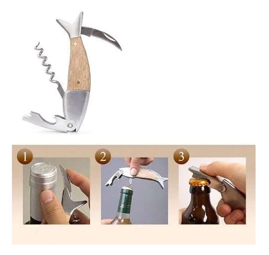 Sacacorchos, Destapador Pez, Acero-madera, Regalo Hombre Náutico Pezca