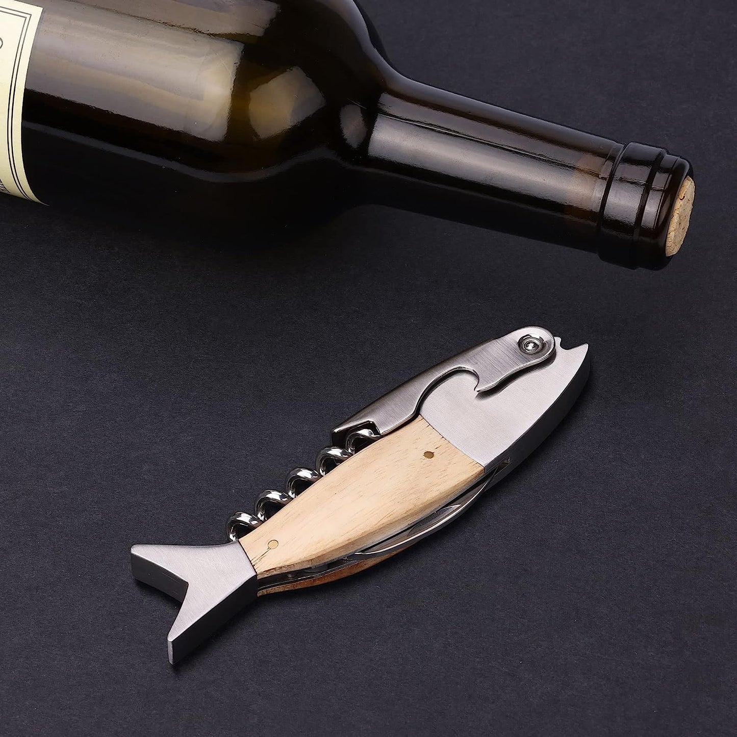 Sacacorchos, Destapador Pez, Acero-madera, Regalo Hombre Náutico Pezca