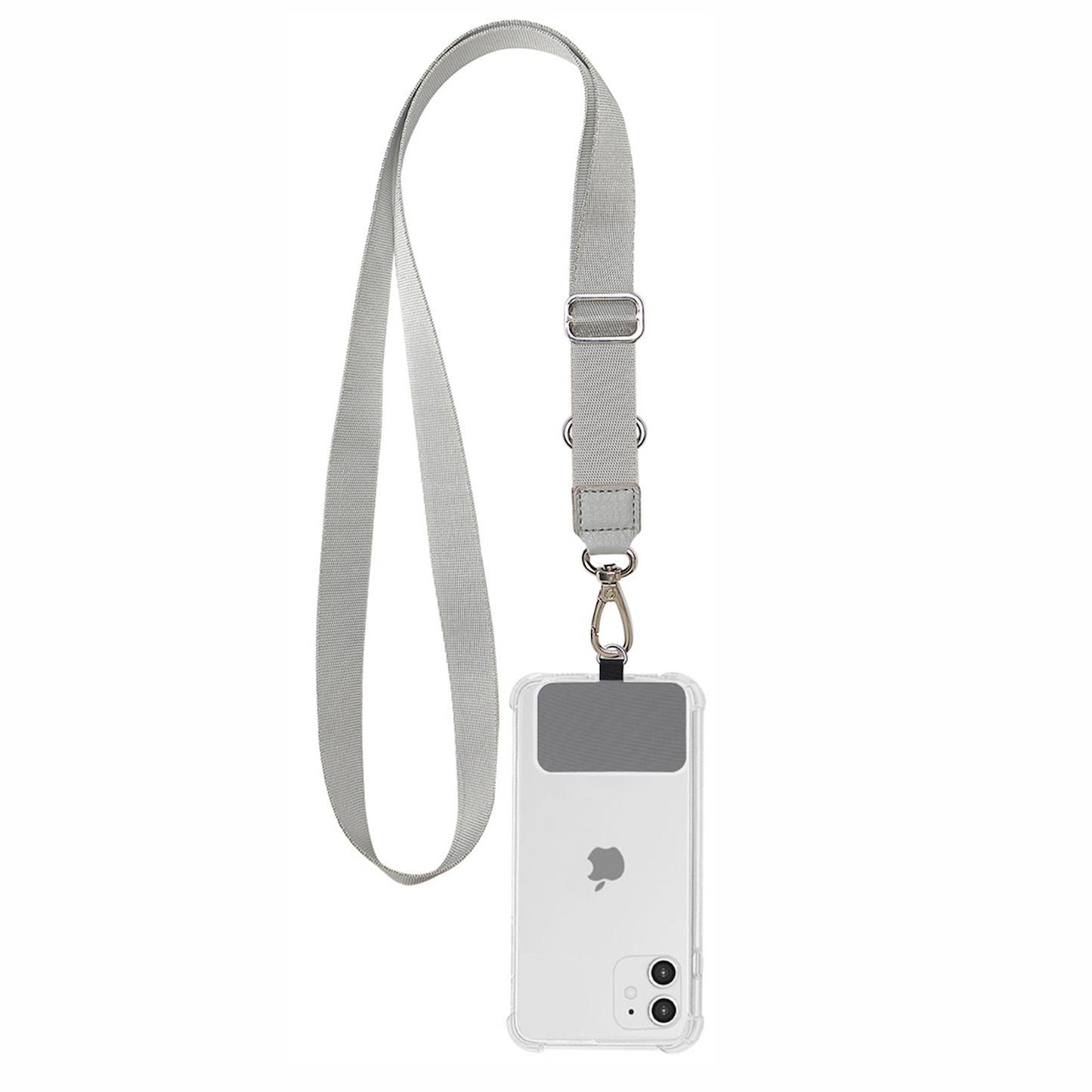 Strap para carcasa de celular universal, diseño ajustable gris.