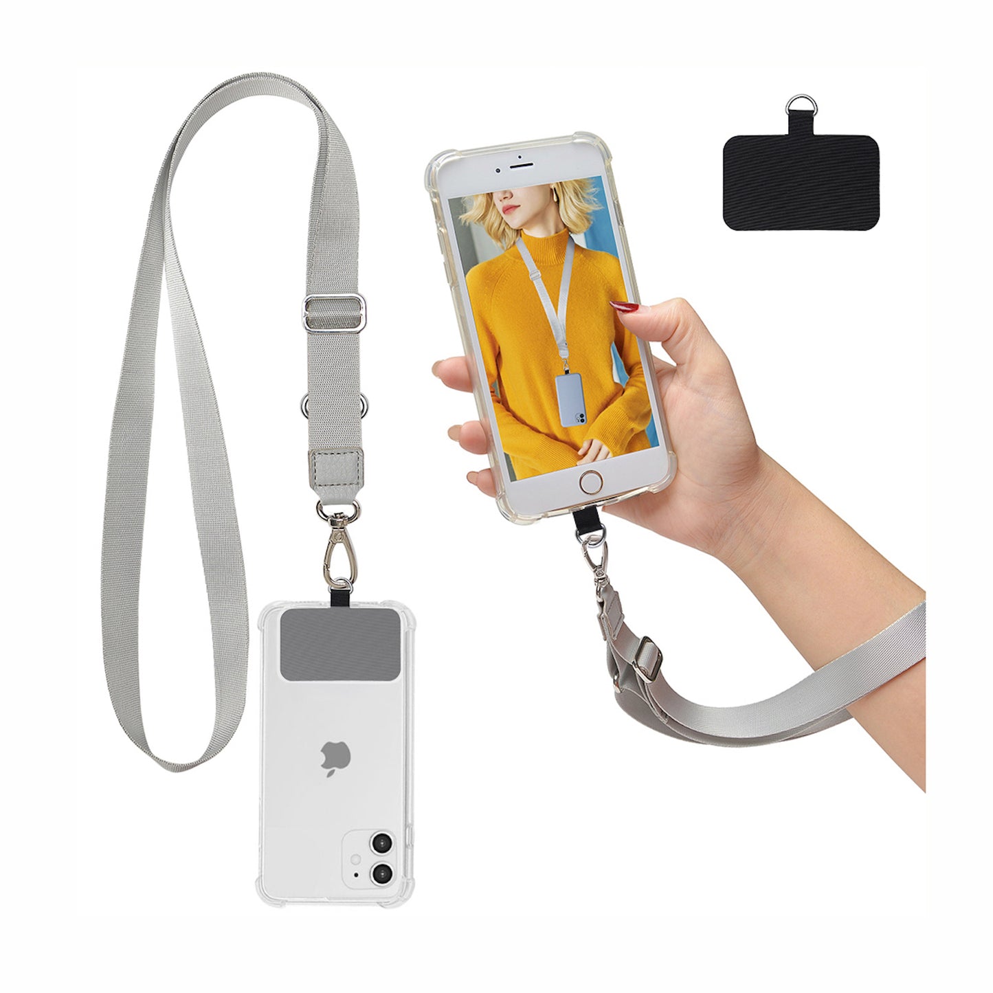 Strap para carcasa de celular universal, diseño ajustable gris.