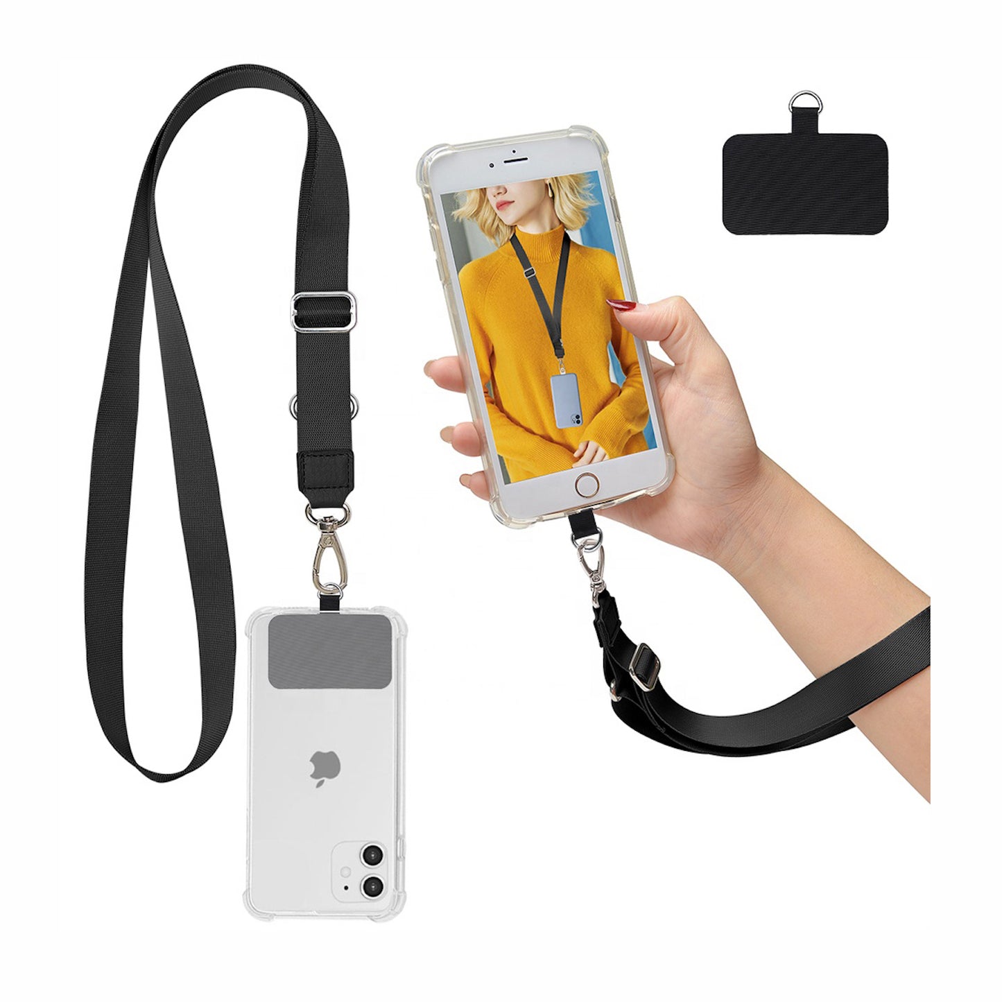 Strap para carcasa de celular universal, diseño ajustable negro.