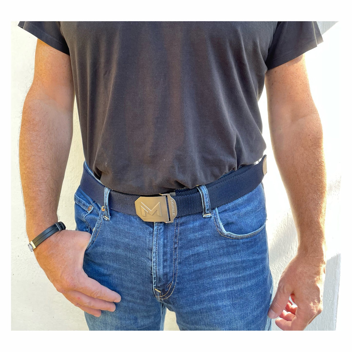 Cinturón lona, hebilla metálica, azul, Montreal.