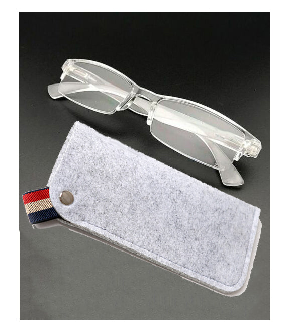 Lentes de lectura, con aumento, diseño medio marco trasparente.