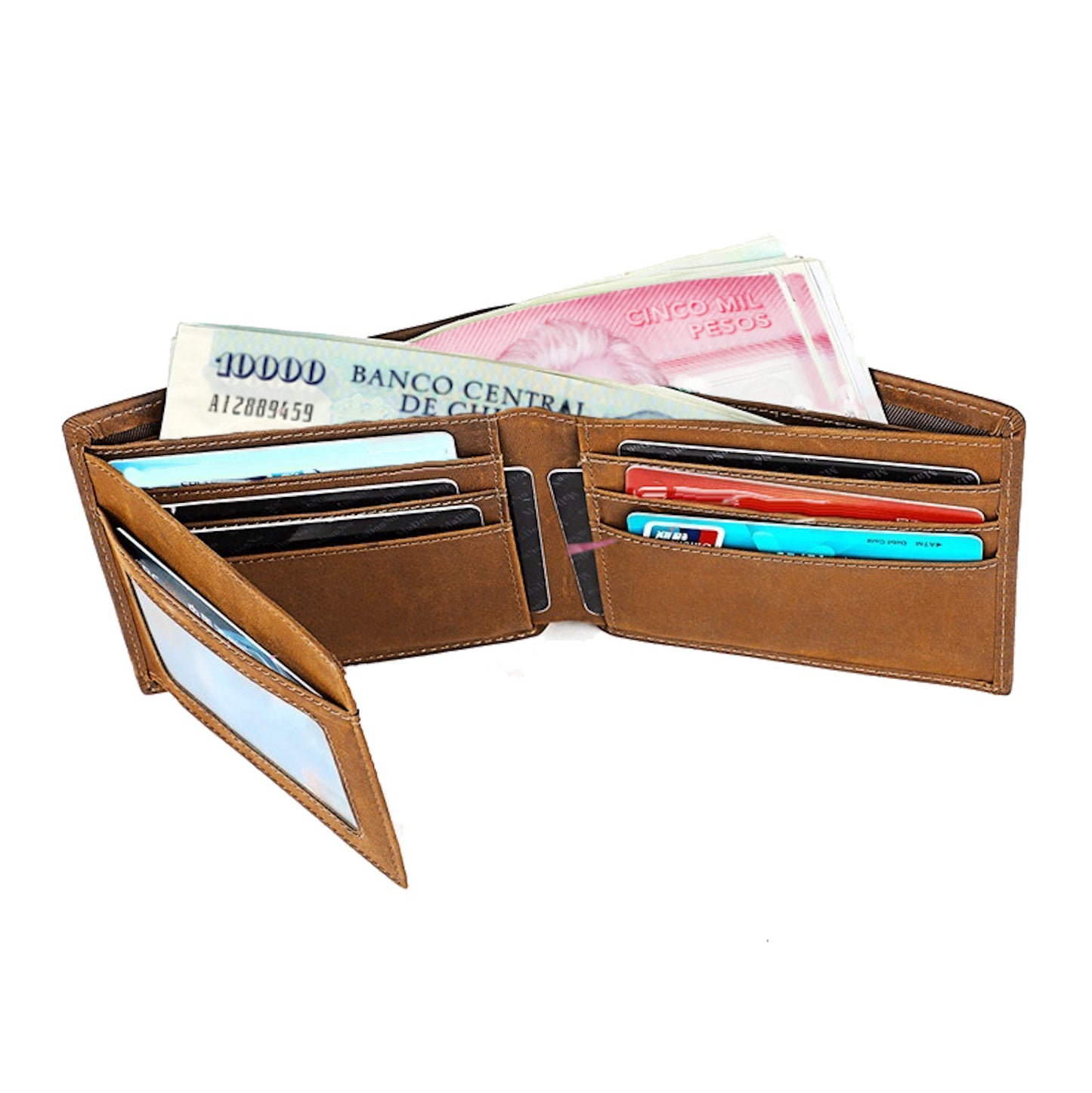 Billetera hombre, cuero genuino, protección RFID, trifold brown.