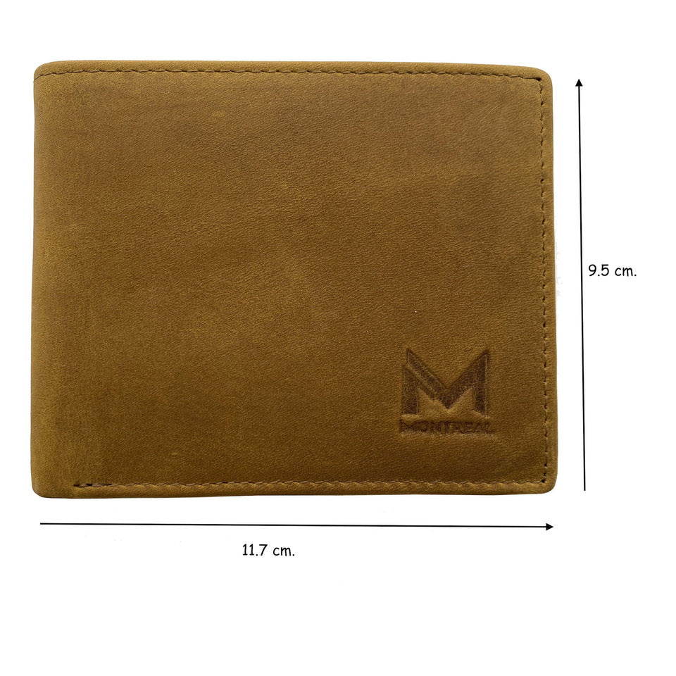 Billetera hombre, cuero genuino, protección RFID, trifold Camel