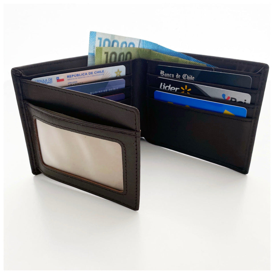 Billetera hombre, cuero genuino, protección RFID, trifold moro