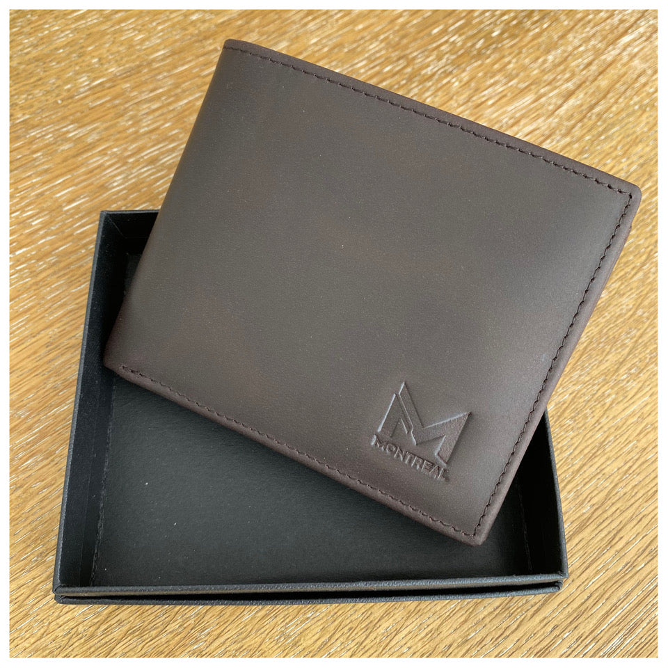 Billetera hombre, cuero genuino, protección RFID, trifold moro
