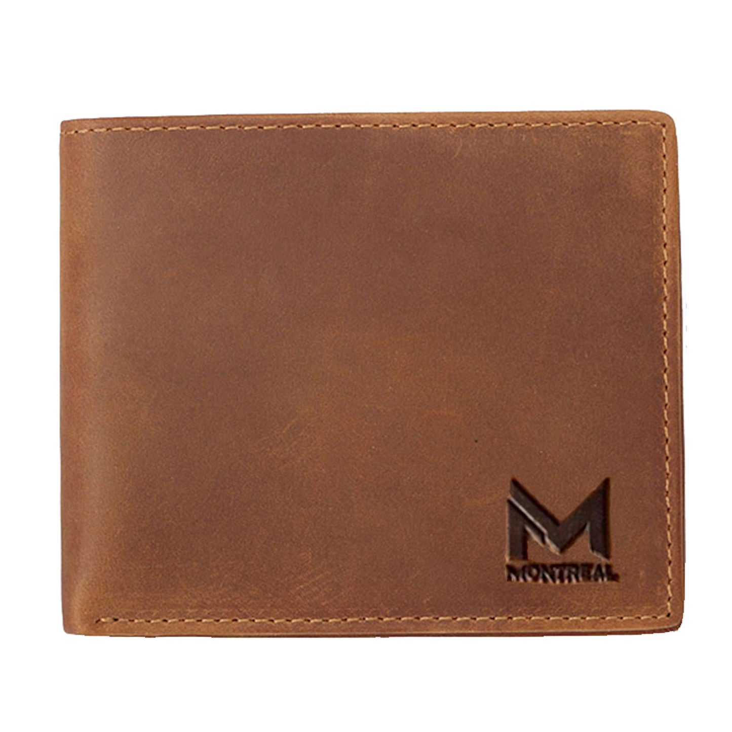 Billetera hombre, cuero genuino, protección RFID, trifold brown.