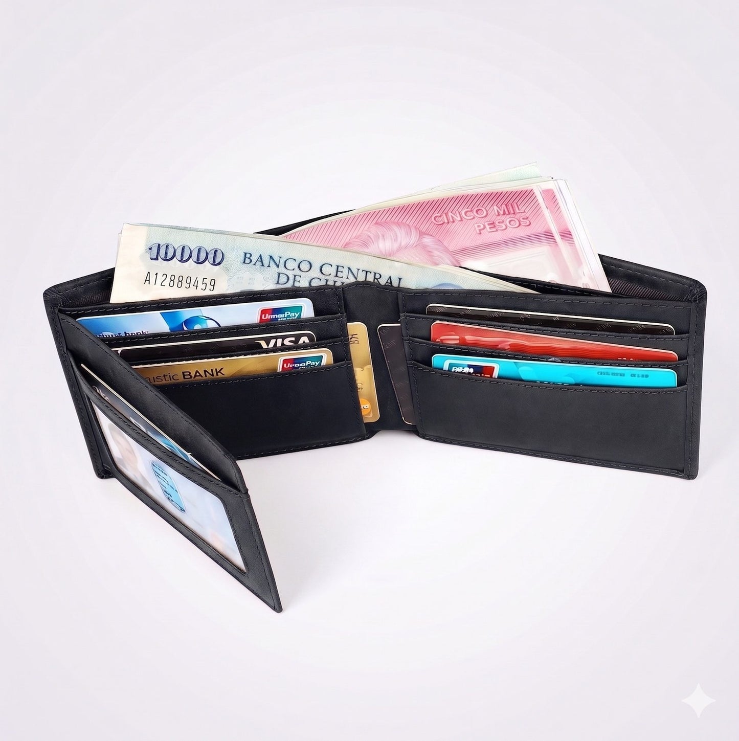 Billetera hombre, cuero genuino, protección RFID, trifold Negro