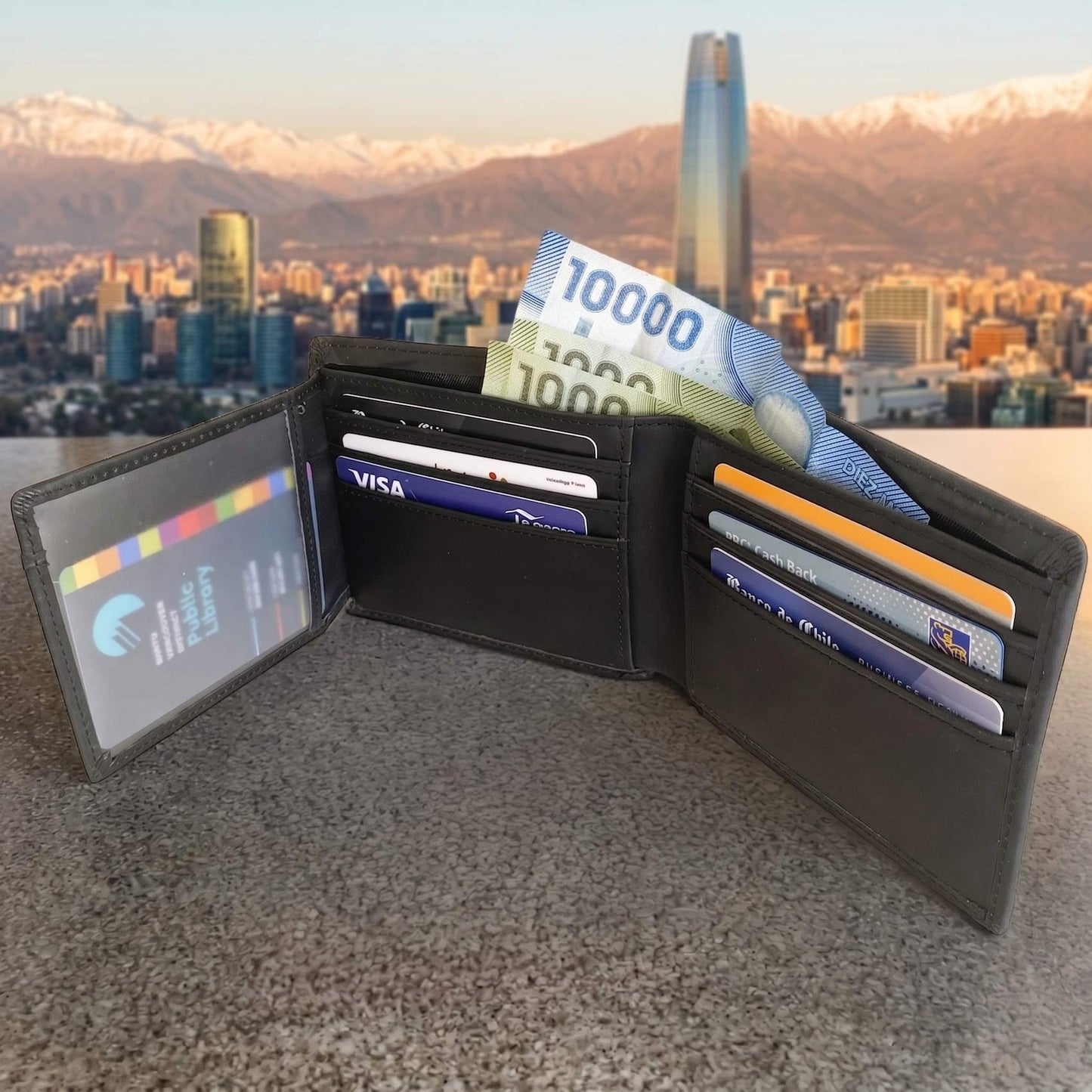 Billetera hombre, cuero genuino, protección RFID, trifold Negro