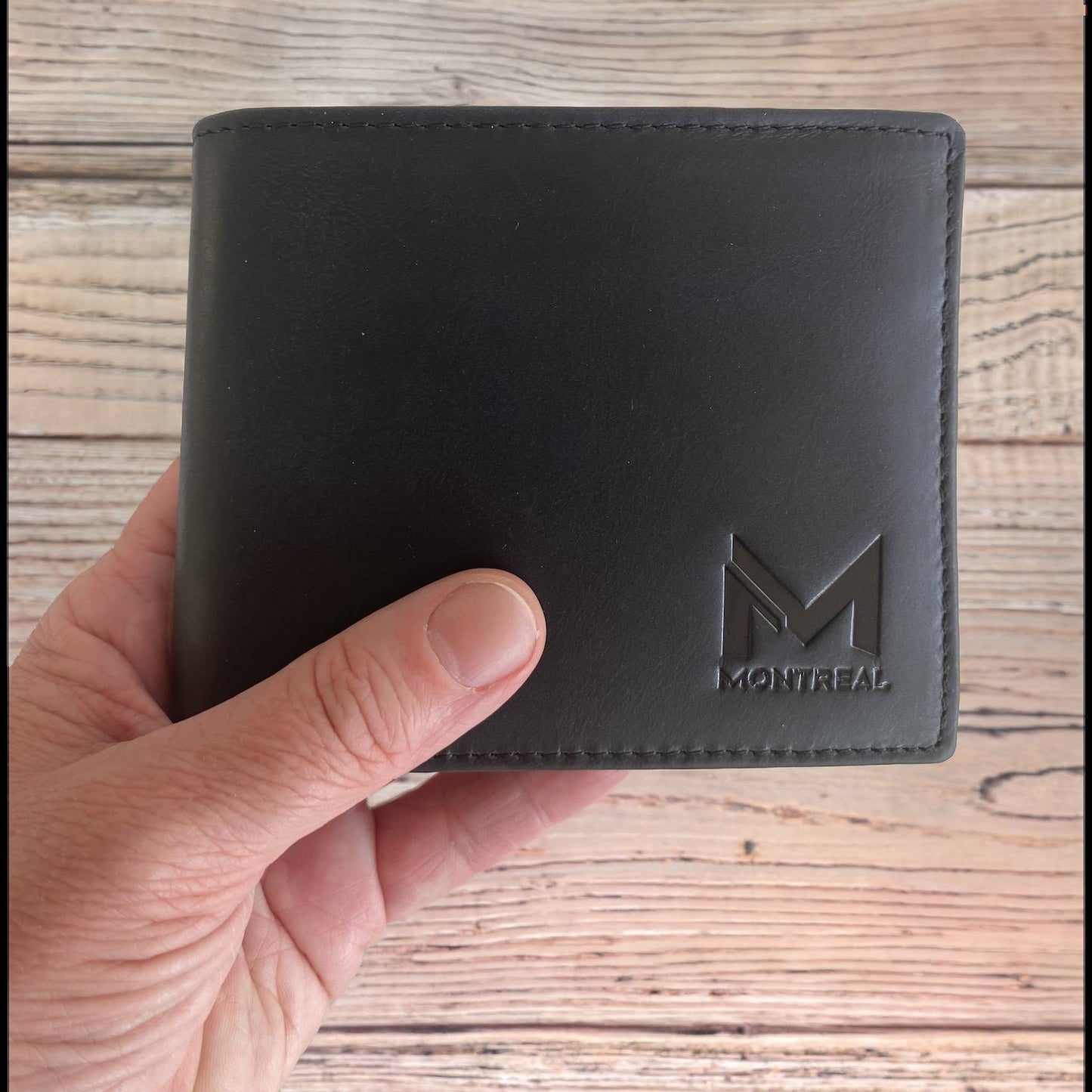 Billetera hombre, cuero genuino, protección RFID, trifold Negro