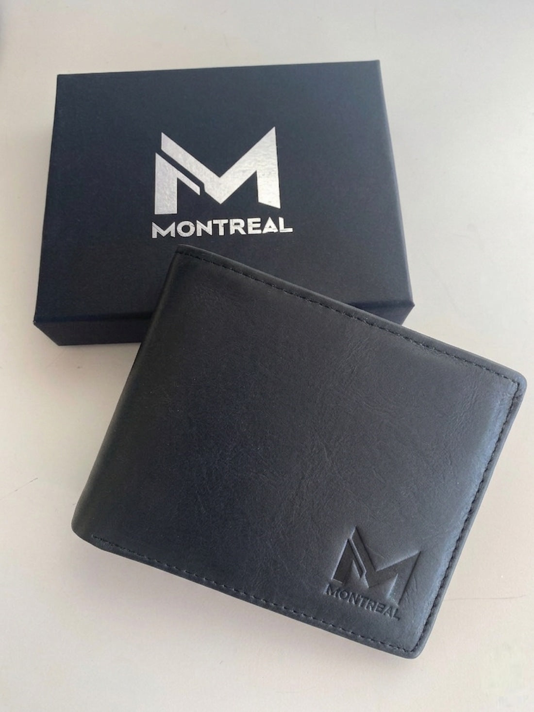 Billetera hombre, cuero genuino, protección RFID, trifold Negro