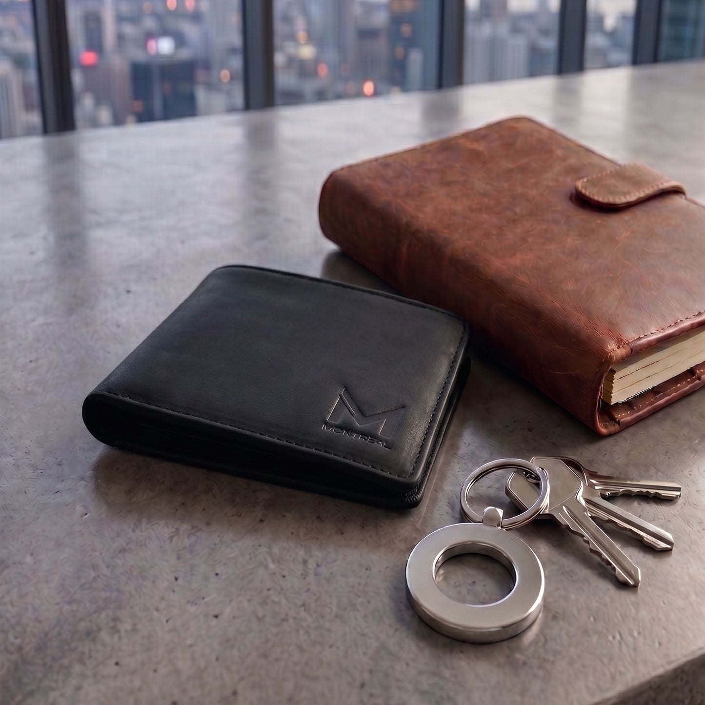 Billetera hombre, cuero genuino, protección RFID, trifold Negro